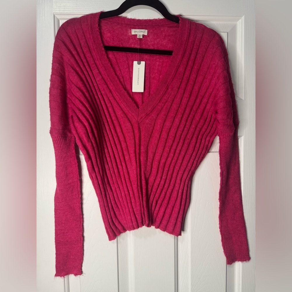 NWT Anthropologie Pilcro Pink V-Neck Ribbed Sweater